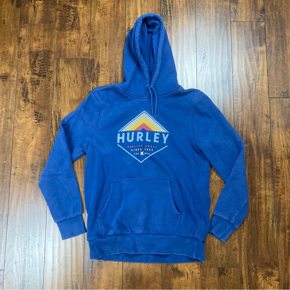 HURLEY Men’s Fleece Pullover Hoodie Blue Graphic Print Design Size MEDIUM